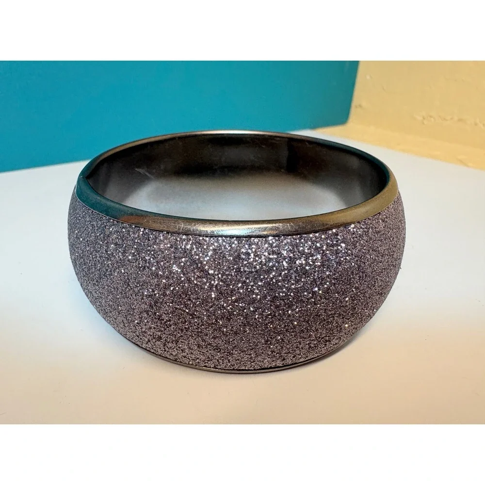 Purple‎ Glitter Chunky Bangle Bracelet Wide Gunmetal Tone Metal Sparkle